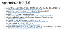 Appendix.7 ο
? Presto  Parquet ˥ꤹȡդ륫ΤiǤ뤳Ȥ_J
? https://yohei-a.hatenablog.jp/entry/20191208/1575766148
? ʥե`ޥåȤΤۤ ?ǩ`ϥ֧뼼g?
? https://engineer.retty.me/entry/columnar-storage-format
? Strata NY 2017 Parquet Arrow roadmap
? /julienledem/strata-ny-2017-parquet-arrow-roadmap
? Engineering Data Analytics with Presto and Apache Parquet at Uber
? https://eng.uber.com/presto/
? Even Faster: When Presto Meets Parquet @ Uber
? https://events.static.linuxfound.org/sites/events/files/slides/Presto.pdf
? blktrace  block IO ηֲҕ
? https://blog.etsukata.com/2013/12/blktrace-block-io.html
? Java Mixed-Mode Flame Graphs  Java  CPU ͥåե륹åǷ
? https://yohei-a.hatenablog.jp/entry/20160506/1462536427
 