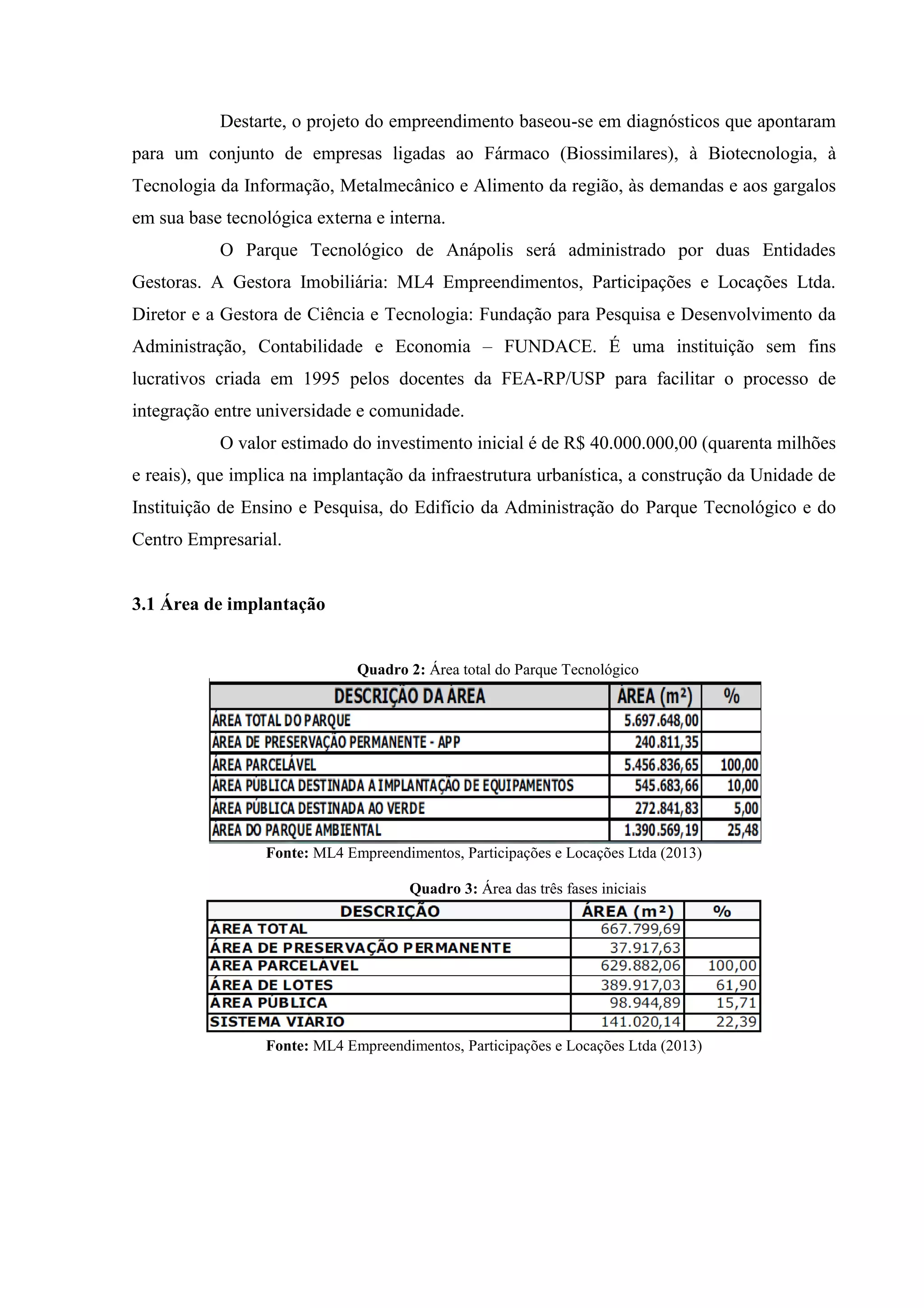 Destarte, o projeto do empreendimento baseou-se em diagnósticos que apontaram
para um conjunto de empresas ligadas ao Fármaco (Biossimilares), à Biotecnologia, à
Tecnologia da Informação, Metalmecânico e Alimento da região, às demandas e aos gargalos
em sua base tecnológica externa e interna.
O Parque Tecnológico de Anápolis será administrado por duas Entidades
Gestoras. A Gestora Imobiliária: ML4 Empreendimentos, Participações e Locações Ltda.
Diretor e a Gestora de Ciência e Tecnologia: Fundação para Pesquisa e Desenvolvimento da
Administração, Contabilidade e Economia – FUNDACE. É uma instituição sem fins
lucrativos criada em 1995 pelos docentes da FEA-RP/USP para facilitar o processo de
integração entre universidade e comunidade.
O valor estimado do investimento inicial é de R$ 40.000.000,00 (quarenta milhões
e reais), que implica na implantação da infraestrutura urbanística, a construção da Unidade de
Instituição de Ensino e Pesquisa, do Edifício da Administração do Parque Tecnológico e do
Centro Empresarial.
3.1 Área de implantação
Quadro 2: Área total do Parque Tecnológico
Fonte: ML4 Empreendimentos, Participações e Locações Ltda (2013)
Quadro 3: Área das três fases iniciais
Fonte: ML4 Empreendimentos, Participações e Locações Ltda (2013)
 