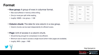 Format
•

Row group
Column a

Row group: A group of rows in columnar format.
•
•
•

Page 0

Max size buffered in memory wh...