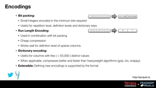 Encodings
•

Bit packing:

1

3

2

•

•

2

2

0

1

1

1

1

1

01|11|10|00 00|10|10|00

Useful for repetition level, de...