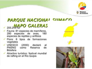 PARQUE NACIONAL SUMACO NAPO GALERAS 205.249 ha  Fauna: 81 especies de mam í feros, 280 especies de aves, 180 especies de reptiles y anfibios  Flora: 6 tipos de formaciones vegetales UNESCO (2000) declar ó  al PNSNG como Reserva de Bi ó sfera Atractivo tur í stico: festival mundial de rafting en el R í o Quijos 