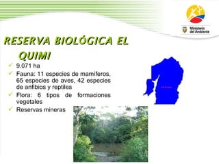 RESERVA BIOL Ó GICA EL QUIMI  9.071 ha  Fauna: 11 especies de mam í feros, 65 especies de aves, 42 especies de anfibios y reptiles Flora: 6 tipos de formaciones vegetales Reservas mineras 