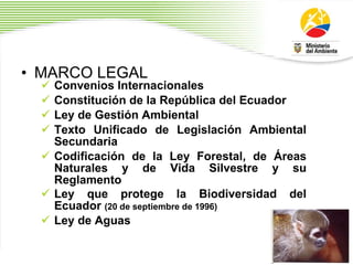 MARCO LEGAL  Convenios Internacionales Constituci ó n de la Rep ú blica del Ecuador Ley de Gesti ó n Ambiental Texto Unificado de Legislaci ó n Ambiental Secundaria Codificaci ó n de la Ley Forestal, de  Á reas Naturales y de Vida Silvestre y su Reglamento  Ley que protege la Biodiversidad del Ecuador  (20 de septiembre de 1996) Ley de Aguas 