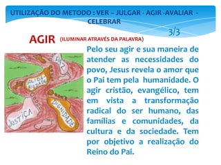 Pelo seu agir e sua maneira de
atender as necessidades do
povo, Jesus revela o amor que
o Pai tem pela humanidade. O
agir cristão, evangélico, tem
em vista a transformação
radical do ser humano, das
famílias e comunidades, da
cultura e da sociedade. Tem
por objetivo a realização do
Reino do Pai.
UTILIZAÇÃO DO METODO : VER – JULGAR - AGIR -AVALIAR -
CELEBRAR
AGIR
3/3
(ILUMINAR ATRAVÉS DA PALAVRA)
 