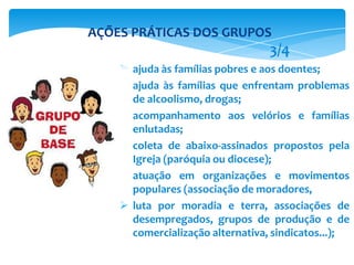  ajuda às famílias pobres e aos doentes;
 ajuda às famílias que enfrentam problemas
de alcoolismo, drogas;
 acompanhamento aos velórios e famílias
enlutadas;
 coleta de abaixo-assinados propostos pela
Igreja (paróquia ou diocese);
 atuação em organizações e movimentos
populares (associação de moradores,
 luta por moradia e terra, associações de
desempregados, grupos de produção e de
comercialização alternativa, sindicatos...);
AÇÕES PRÁTICAS DOS GRUPOS
3/4
 