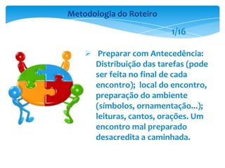  Preparar com Antecedência:
Distribuição das tarefas (pode
ser feita no final de cada
encontro); local do encontro,
preparação do ambiente
(símbolos, ornamentação...);
leituras, cantos, orações. Um
encontro mal preparado
desacredita a caminhada.
Metodologia do Roteiro
1/16
 