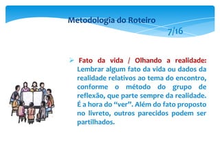  Fato da vida / Olhando a realidade:
Lembrar algum fato da vida ou dados da
realidade relativos ao tema do encontro,
conforme o método do grupo de
reflexão, que parte sempre da realidade.
É a hora do “ver”. Além do fato proposto
no livreto, outros parecidos podem ser
partilhados.
Metodologia do Roteiro
7/16
 