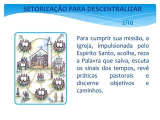 Para cumprir sua missão, a
Igreja, impulsionada pelo
Espírito Santo, acolhe, reza
a Palavra que salva, escuta
os sinais dos tempos, revê
práticas pastorais e
discerne objetivos e
caminhos.
SETORIZAÇÃO PARA DESCENTRALIZAR
2/10
 