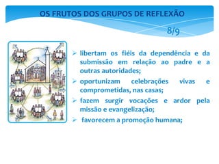  libertam os fiéis da dependência e da
submissão em relação ao padre e a
outras autoridades;
 oportunizam celebrações vivas e
comprometidas, nas casas;
 fazem surgir vocações e ardor pela
missão e evangelização;
 favorecem a promoção humana;
OS FRUTOS DOS GRUPOS DE REFLEXÃO
8/9
 
