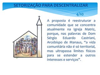 A proposta é reestruturar a
comunidade que se concentra
atualmente na Igreja Matriz,
porque, nas palavras de Dom
Sérgio Eduardo Castriani,
Arcebispo de Manaus, “a vida
comunitária não é só territorial,
mas ultrapassa limites físicos
para se estender a outros
interesses e serviços”.
SETORIZAÇÃO PARA DESCENTRALIZAR
4/10
 