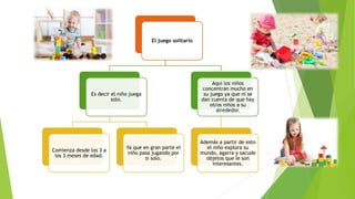 El juego solitario
Es decir el niño juega
solo.
Comienza desde los 3 a
los 3 meses de edad.
Ya que en gran parte el
niño pasa jugando por
si solo.
Aquí los niños
concentran mucho en
su juego ya que ni se
dan cuenta de que hay
otros niños a su
alrededor.
Además a partir de esto
el niño explora su
mundo, agarra y sacude
objetos que le son
interesantes.
 