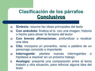 Clasificación de los párrafos
ConclusivosConclusivos
a) Síntesis: resume las ideas principales del texto
b) Con anécdota: finaliza el tx. con una imagen, historia
o hecho para atraer la fantasía del lector
c) Con breves afirmaciones: profundizar o recalcar
una idea
d) Cita: incorpora un proverbio, verso o palabra de un
personaje conocido o importante
e) Interrogante: plantea nuevas interrogantes o
hipótesis a resolver en un próximo trabajo
f) Analogía: presenta una comparación entre el tema
tratado y otra situación, para reforzar alguna idea del
texto
 