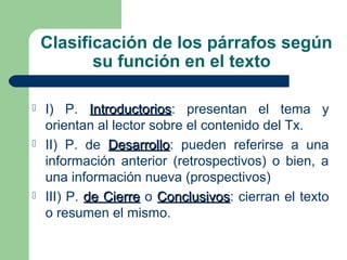 Clasificación de los párrafos según
su función en el texto
 I) P. IntroductoriosIntroductorios: presentan el tema y
orientan al lector sobre el contenido del Tx.
 II) P. de DesarrolloDesarrollo: pueden referirse a una
información anterior (retrospectivos) o bien, a
una información nueva (prospectivos)
 III) P. de Cierrede Cierre o ConclusivosConclusivos: cierran el texto
o resumen el mismo.
 