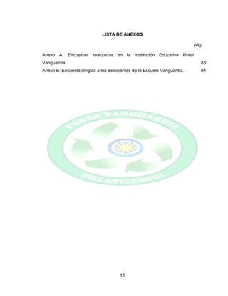 15
LISTA DE ANEXOS
pág.
Anexo A. Encuestas realizadas en la Institución Educativa Rural
Vanguardia. 83
Anexo B. Encuesta dirigida a los estudiantes de la Escuela Vanguardia. 84
 