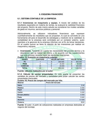 61
6. ESQUEMA FINANCIERO
6.1. SISTEMA CONTABLE DE LA EMPRESA
6.1.1 Inversiones en maquinaria y equipo. A través del análisis de los
resultados esperados en materia de ventas, se evaluará la viabilidad financiera
del proyecto. Dentro de este mismo estudio se consideran los niveles variables
de gasto en insumos, servicios públicos y personal.
Adicionalmente, se utilizaron indicadores financieros que expresan
cuantitativamente los resultados que se proyectan, lo cual se convierte en una
herramienta útil para el desarrollo de estrategias y medición de la viabilidad; la
contabilidad de la empresa será controlada por un contador externo, quien
reportara a la gerencia de la empresa informes con el fin de tomar decisiones.
En el cuadro quince se tiene la relación de las inversiones por realizar en
maquinaria y equipos.
 Inversiones. Teniendo en cuenta las necesidades del proceso técnico y la
descripción que se realizó del mismo, y de acuerdo con los requerimientos
que este proceso necesita hacer las siguientes inversiones.
Cuadro 15. Inversión en maquinaria y equipo
EQUIPO CANTIDAD VALOR UNITARIO VALOR TOTAL
PC 1 $ 800.000 $ 800.000
PESA 2 $ 30.000 $ 60.000
CANECAS 20 $ 20.000 $ 400.000
TOTAL 23 $ 850.000 $ 1.260.000
Fuente: cálculos realizados por el autor
6.1.2. Cálculo de ventas proyectadas: En esta aparte se presentan las
variables de precios del mercado y cantidades para poder calcular las ventas
proyectadas mensuales.
Cuadro 16. Precio de compra del mercado por kilo.
Material Precio del mercado
Vidrio $ 30
Plástico $ 350
Papel $ 400
Cartón $ 200
Envase plástico $ 350
Pasta $ 400
Aluminio $ 1200
Chatarra $350
Fuente: El autor. A partir de cotizaciones realizadas en empresas dedicadas al
negocio del reciclaje.
 