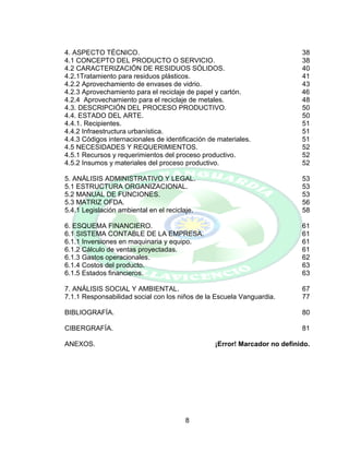 8
4. ASPECTO TÉCNICO. 38
4.1 CONCEPTO DEL PRODUCTO O SERVICIO. 38
4.2 CARACTERIZACIÓN DE RESIDUOS SÓLIDOS. 40
4.2.1Tratamiento para residuos plásticos. 41
4.2.2 Aprovechamiento de envases de vidrio. 43
4.2.3 Aprovechamiento para el reciclaje de papel y cartón. 46
4.2.4 Aprovechamiento para el reciclaje de metales. 48
4.3. DESCRIPCIÓN DEL PROCESO PRODUCTIVO. 50
4.4. ESTADO DEL ARTE. 50
4.4.1. Recipientes. 51
4.4.2 Infraestructura urbanística. 51
4.4.3 Códigos internacionales de identificación de materiales. 51
4.5 NECESIDADES Y REQUERIMIENTOS. 52
4.5.1 Recursos y requerimientos del proceso productivo. 52
4.5.2 Insumos y materiales del proceso productivo. 52
5. ANÁLISIS ADMINISTRATIVO Y LEGAL. 53
5.1 ESTRUCTURA ORGANIZACIONAL. 53
5.2 MANUAL DE FUNCIONES. 53
5.3 MATRIZ OFDA. 56
5.4.1 Legislación ambiental en el reciclaje. 58
6. ESQUEMA FINANCIERO. 61
6.1 SISTEMA CONTABLE DE LA EMPRESA. 61
6.1.1 Inversiones en maquinaria y equipo. 61
6.1.2 Cálculo de ventas proyectadas. 61
6.1.3 Gastos operacionales. 62
6.1.4 Costos del producto. 63
6.1.5 Estados financieros. 63
7. ANÁLISIS SOCIAL Y AMBIENTAL. 67
7.1.1 Responsabilidad social con los niños de la Escuela Vanguardia. 77
BIBLIOGRAFÍA. 80
CIBERGRAFÍA. 81
ANEXOS. ¡Error! Marcador no definido.
 