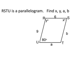 RSTU is a parallelogram. Find x, y, a, b
 