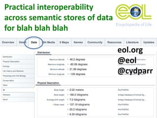 Practical interoperability
across semantic stores of data
for blah blah blah
eol.org
@eol
@cydparr

 