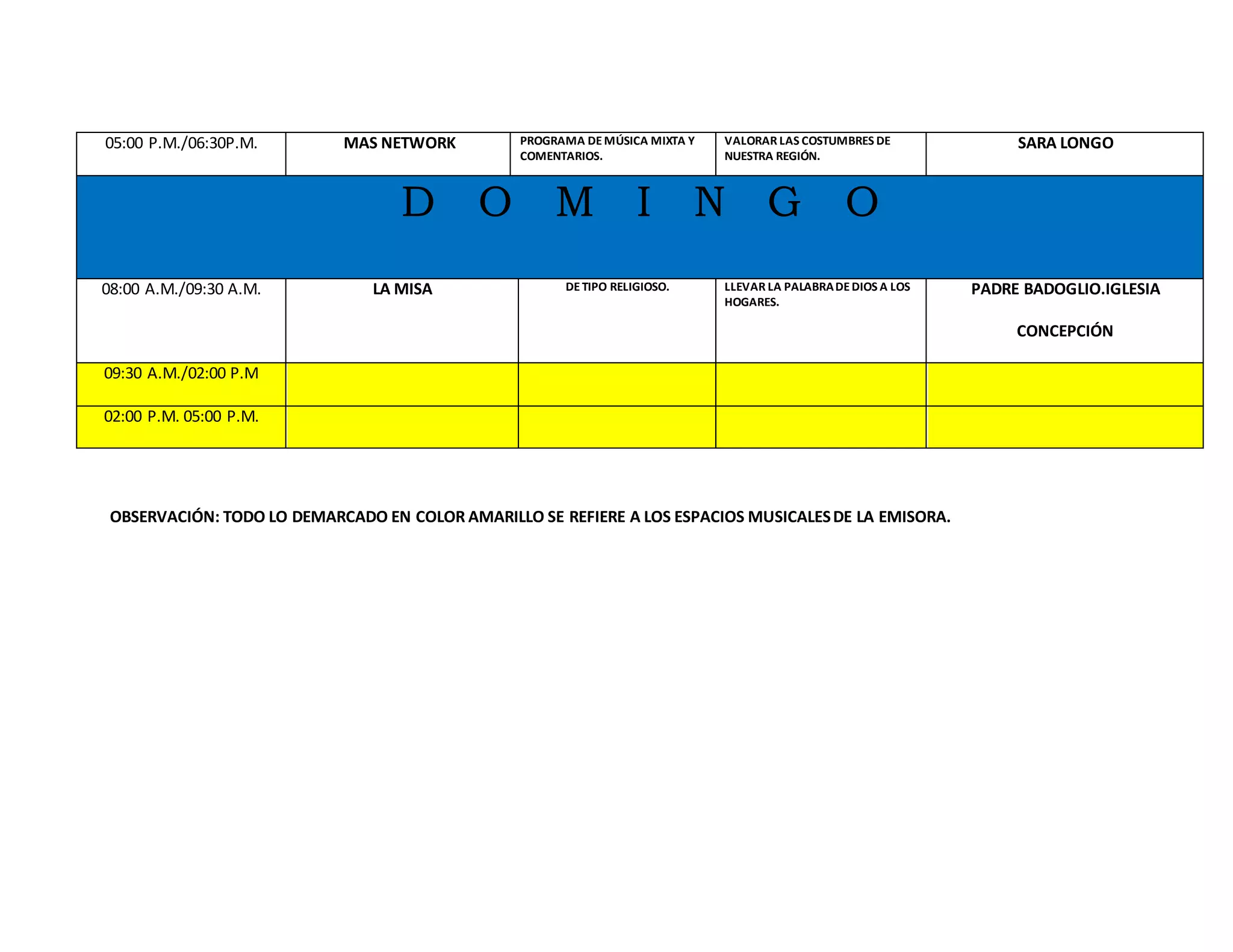 Parrilla de Programación Radial. | DOCX