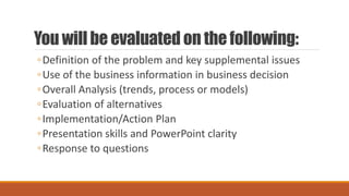 You will be evaluated on the following:
◦Definition of the problem and key supplemental issues
◦Use of the business information in business decision
◦Overall Analysis (trends, process or models)
◦Evaluation of alternatives
◦Implementation/Action Plan
◦Presentation skills and PowerPoint clarity
◦Response to questions
 