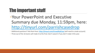 The important stuff
◦Your PowerPoint and Executive
Summary due Monday, 11:59pm, here:
http://tinyurl.com/parrishcasedrop
◦ Additional questions? Ask them here: http://tinyurl.com/CrowdAskCase (will need to create account)
◦ Three out of the 16 teams will make it to the final. Don’t sweat it if you don’t make it this year.
 
