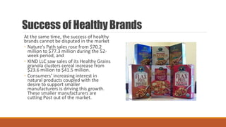 Success of Healthy Brands
At the same time, the success of healthy
brands cannot be disputed in the market
◦ Nature’s Path sales rose from $70.2
million to $77.3 million during the 52-
week period, and
◦ KIND LLC saw sales of its Healthy Grains
granola clusters cereal increase from
$23.6 million to $41.5 million.
◦ Consumers’ increasing interest in
natural products coupled with the
desire to support smaller
manufacturers is driving this growth.
These smaller manufacturers are
cutting Post out of the market.
 