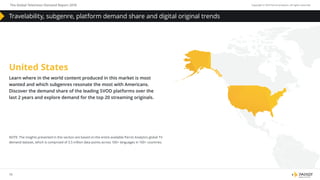 13
The Global Television Demand Report 2018 Copyright © 2019 Parrot Analytics. All rights reserved.
Learn where in the world content produced in this market is most
wanted and which subgenres resonate the most with Americans.
Discover the demand share of the leading SVOD platforms over the
last 2 years and explore demand for the top 20 streaming originals.
Travelability, subgenre, platform demand share and digital original trends
United States
Learn where in the world content produced in this market is most
wanted and which subgenres resonate the most with Americans.
Discover the demand share of the leading SVOD platforms over the
last 2 years and explore demand for the top 20 streaming originals.
United States
NOTE: The insights presented in this section are based on the entire available Parrot Analytics global TV
demand dataset, which is comprised of 3.5 trillion data points across 100+ languages in 100+ countries.
 