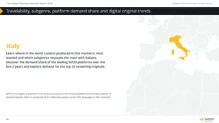 43
The Global Television Demand Report 2018 Copyright © 2019 Parrot Analytics. All rights reserved.
Travelability, subgenre, platform demand share and digital original trends
Learn where in the world content produced in this market is most
wanted and which subgenres resonate the most with Italians.
Discover the demand share of the leading SVOD platforms over the
last 2 years and explore demand for the top 20 streaming originals.
Italy
NOTE: The insights presented in this section are based on the entire available Parrot Analytics global TV
demand dataset, which is comprised of 3.5 trillion data points across 100+ languages in 100+ countries.
 