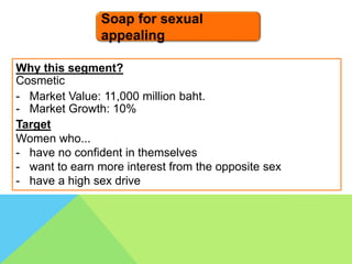 Soap for sexual
appealing
Why this segment?
Cosmetic
- Market Value: 11,000 million baht.
- Market Growth: 10%
Target
Women who...
- have no confident in themselves
- want to earn more interest from the opposite sex
- have a high sex drive
 