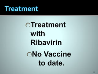 12
Treatment
with
Ribavirin
No Vaccine
to date.
 