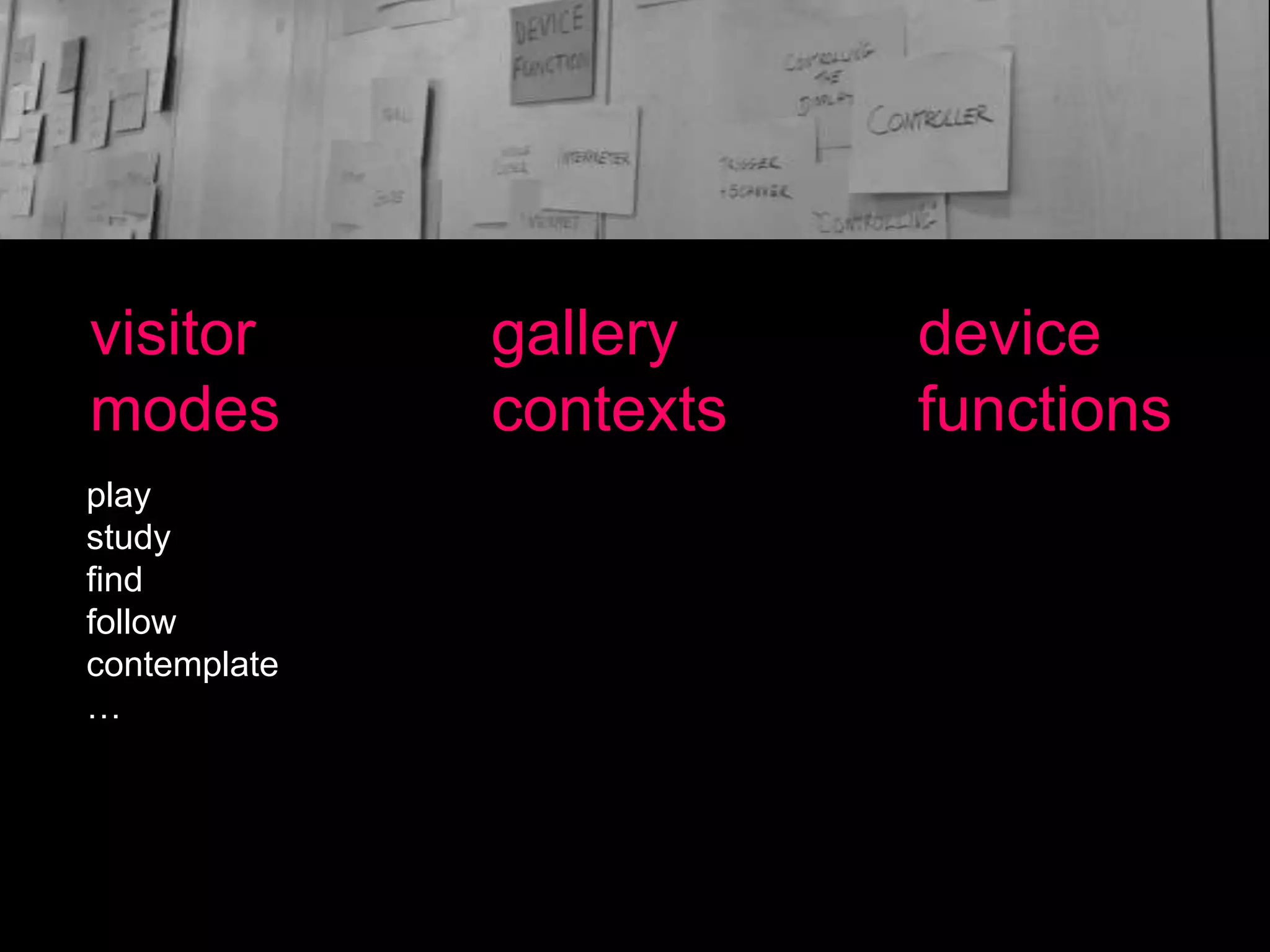 visitor
modes
play
study
find
follow
contemplate
…

gallery
contexts

device
functions

 
