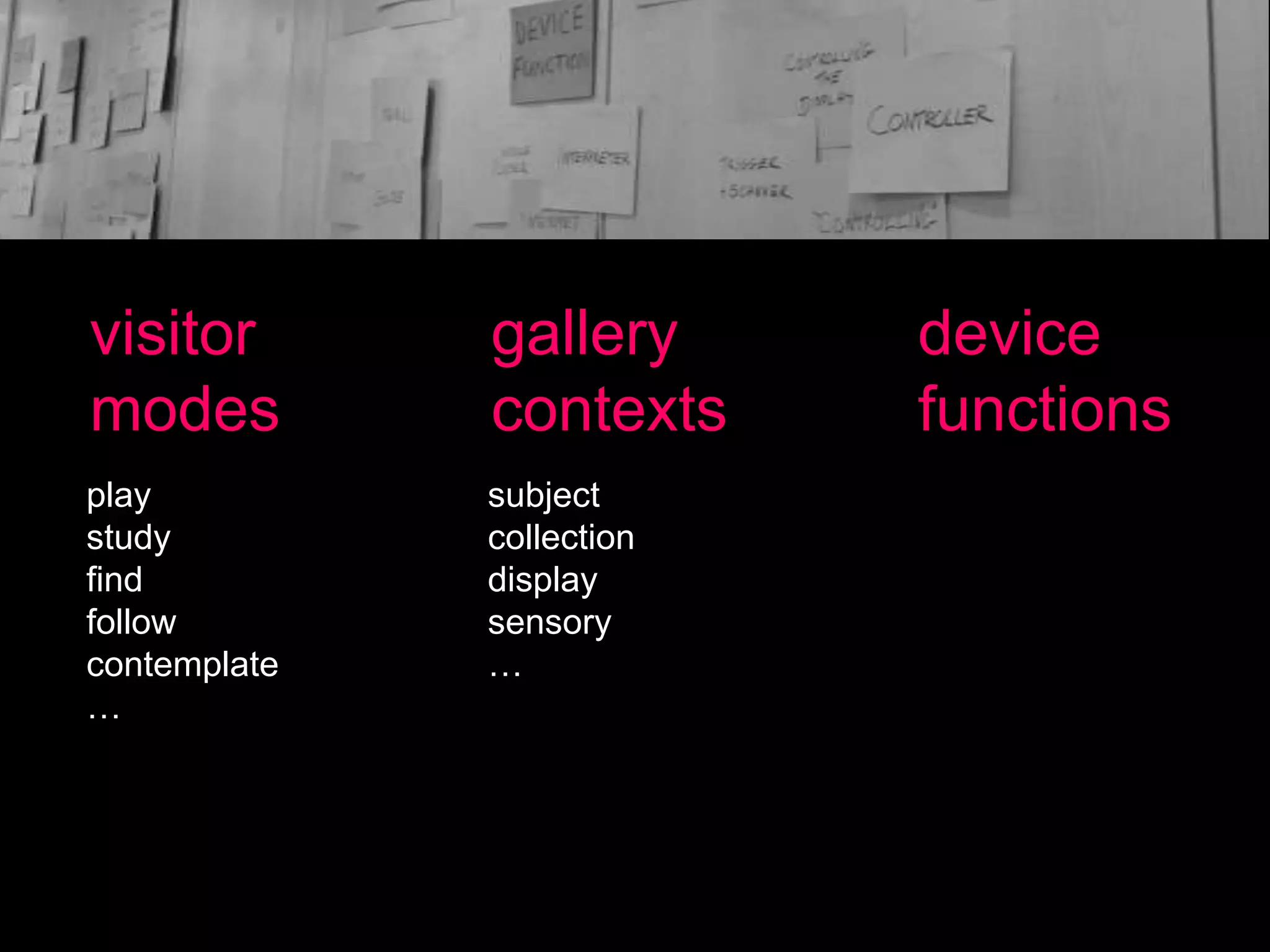 visitor
modes

gallery
contexts

play
study
find
follow
contemplate
…

subject
collection
display
sensory
…

device
functions

 