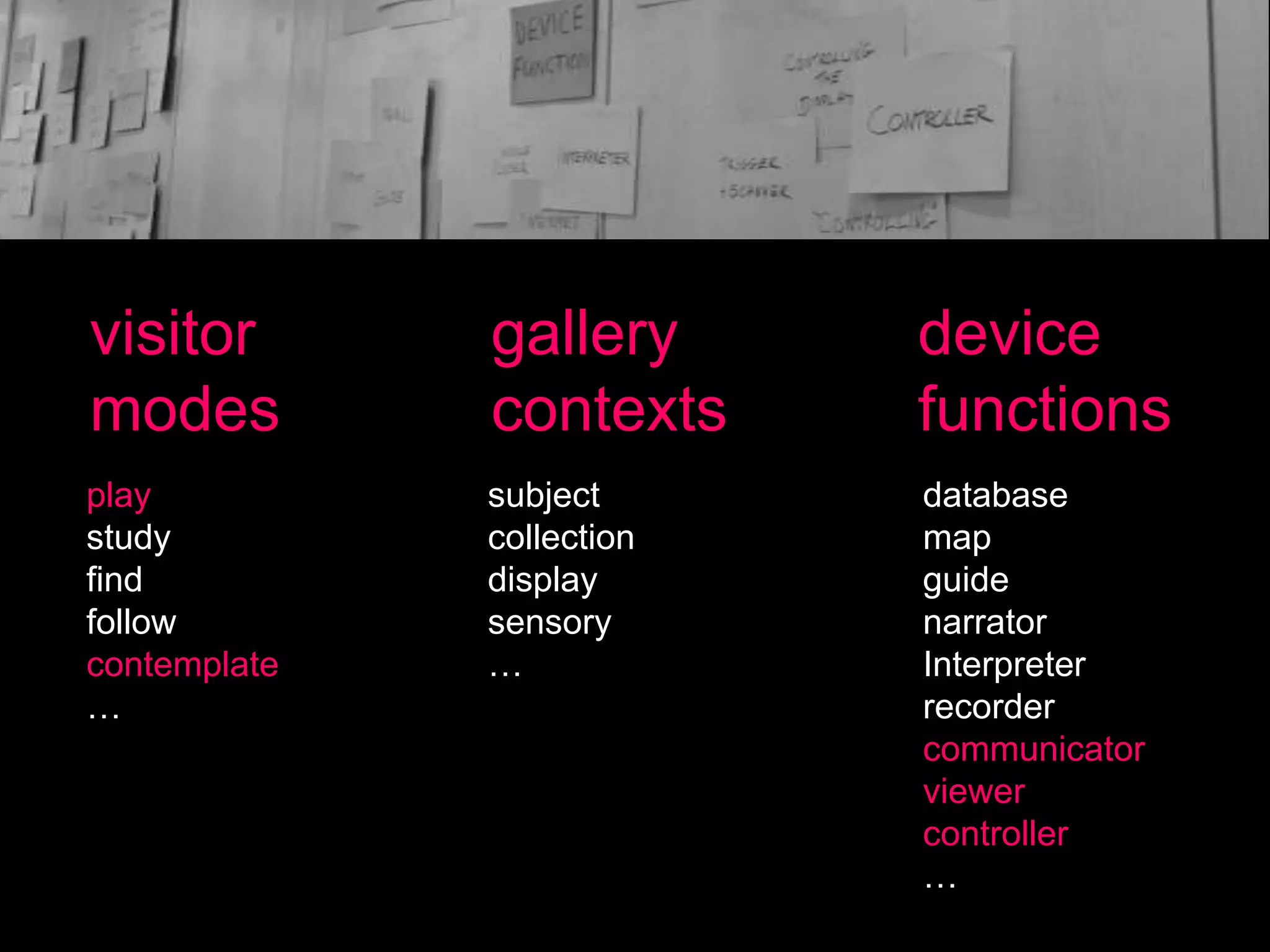 visitor
modes

gallery
contexts

device
functions

play
study
find
follow
contemplate
…

subject
collection
display
sensory
…

database
map
guide
narrator
Interpreter
recorder
communicator
viewer
controller
…

 