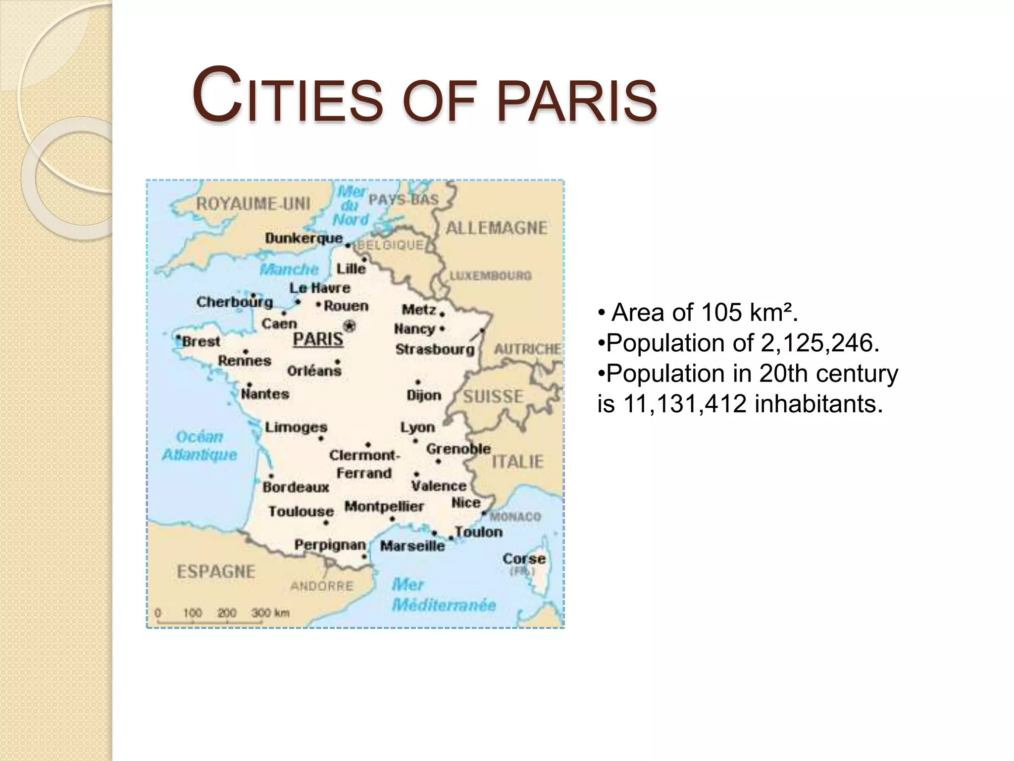 CITIES OF PARIS
• Area of 105 km².
•Population of 2,125,246.
•Population in 20th century
is 11,131,412 inhabitants.
 