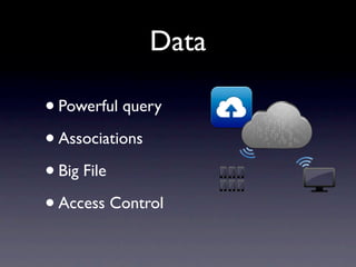Data

• Powerful query
• Associations
• Big File
• Access Control
 