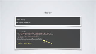 deploy

$ parse deploy

New release is named v1




$ curl -X POST 
  -H "X-Parse-Application-Id: <INSERIR PARSE APP ID>" 
  -H "X-Parse-REST-API-Key: <INSERIR PARSE REST API KEY>" 
  -H "Content-Type: application/json" 
  -d '{}' 
  https://api.parse.com/1/functions/hello

{
  "result": "Hello world!"
}
 