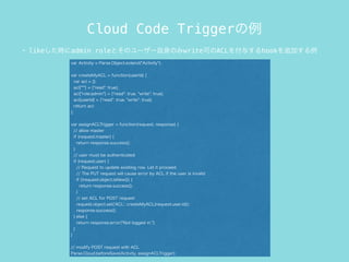 Cloud Code Trigger
? likeradmin roleȤΥ``ΤwriteɤACL뤹hook׷Ӥ
var Activity = Parse.Object.extend("Activity");
var createMyACL = function(userId) {
var acl = {};
acl["*"] = {"read": true};
acl["role:admin"] = {"read": true, "write": true};
acl[userId] = {"read": true, "write": true};
return acl;
};
var assignACLTrigger = function(request, response) {
// allow master
if (request.master) {
return response.success();
}
// user must be authenticated
if (request.user) {
// Request to update existing row. Let it proceed.
// The PUT request will cause error by ACL if the user is invalid
if (!request.object.isNew()) {
return response.success();
}
// set ACL for POST request
request.object.set('ACL', createMyACL(request.user.id));
response.success();
} else {
return response.error("Not logged in.");
}
}
// modify POST request with ACL
Parse.Cloud.beforeSave(Activity, assignACLTrigger);
 