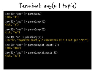 iex(1)> "aaa" |> parse(any)
{:ok, "a"}
iex(2)> "aaa" |> parse(any(1))
{:ok, "a"}
iex(3)> "aaa" |> parse(any(2))
{:ok, "aa"}
iex(4)> "a" |> parse(any(2))
{:error, "expected exactly 2 characters at 1:1 but got "a""}
iex(5)> "aaa" |> parse(any(at_least: 2))
{:ok, "aaa"}
iex(6)> "aaa" |> parse(any(at_most: 2))
{:ok, "aa"}
 