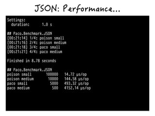 Settings:
duration: 1.0 s
!
## Paco.Benchmark.JSON
[00:21:14] 1/4: poison small
[00:21:16] 2/4: poison medium
[00:21:18] 3/4: paco small
[00:21:21] 4/4: paco medium
!
Finished in 8.78 seconds
!
## Paco.Benchmark.JSON
poison small 100000 14.72 µs/op
poison medium 10000 144.58 µs/op
paco small 5000 493.32 µs/op
paco medium 500 4152.14 µs/op
 