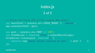 index.js
2 of 2
// Serve the Parse API on the /parse URL prefix
var mountPath = process.env.PARSE_MOUNT || '/parse';
app.use(mountPath, api);
var port = process.env.PORT || 1337;
var httpServer = require('http').createServer(app);
httpServer.listen(port, function() {
console.log('parse server running on port ' + port + '.');
});
David Olesch, 2016 9
 