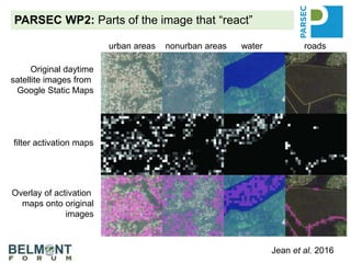 PARSEC WP2: Parts of the image that “react”
Original daytime
satellite images from
Google Static Maps
filter activation maps
Overlay of activation
maps onto original
images
urban areas nonurban areas water roads
Jean et al. 2016
 