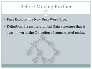 Before Moving Further

 First Explore this New Buzz Word Tree.

 Definition: Its an hierarchical Data Structure that is

 also known as the Collection of some related nodes.
 