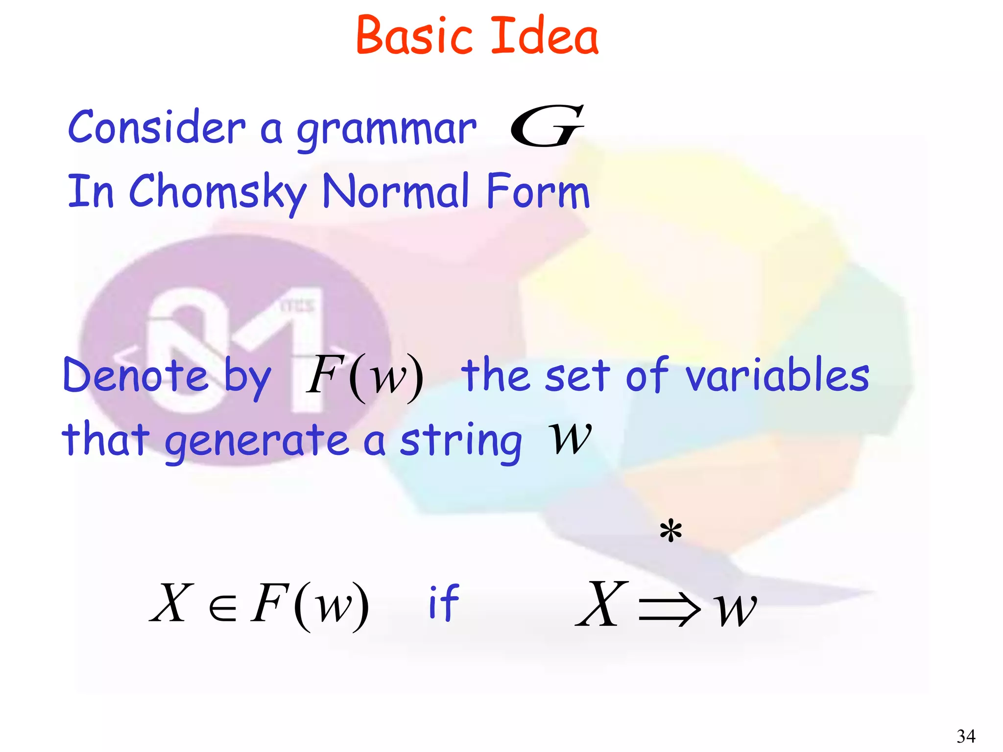 34
Basic Idea
Denote by the set of variables
that generate a string
)(wF
w
Consider a grammar
In Chomsky Normal Form
G
)(wFX  wX
*
if
 
