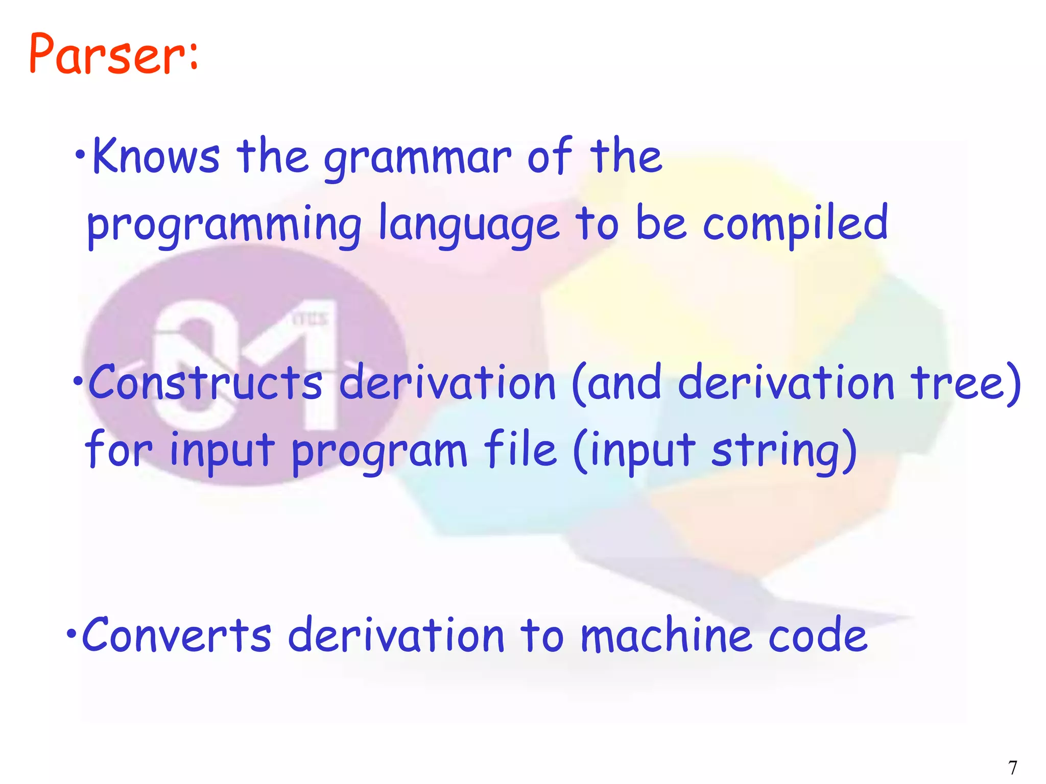 7
•Knows the grammar of the
programming language to be compiled
Parser:
•Constructs derivation (and derivation tree)
for input program file (input string)
•Converts derivation to machine code
 