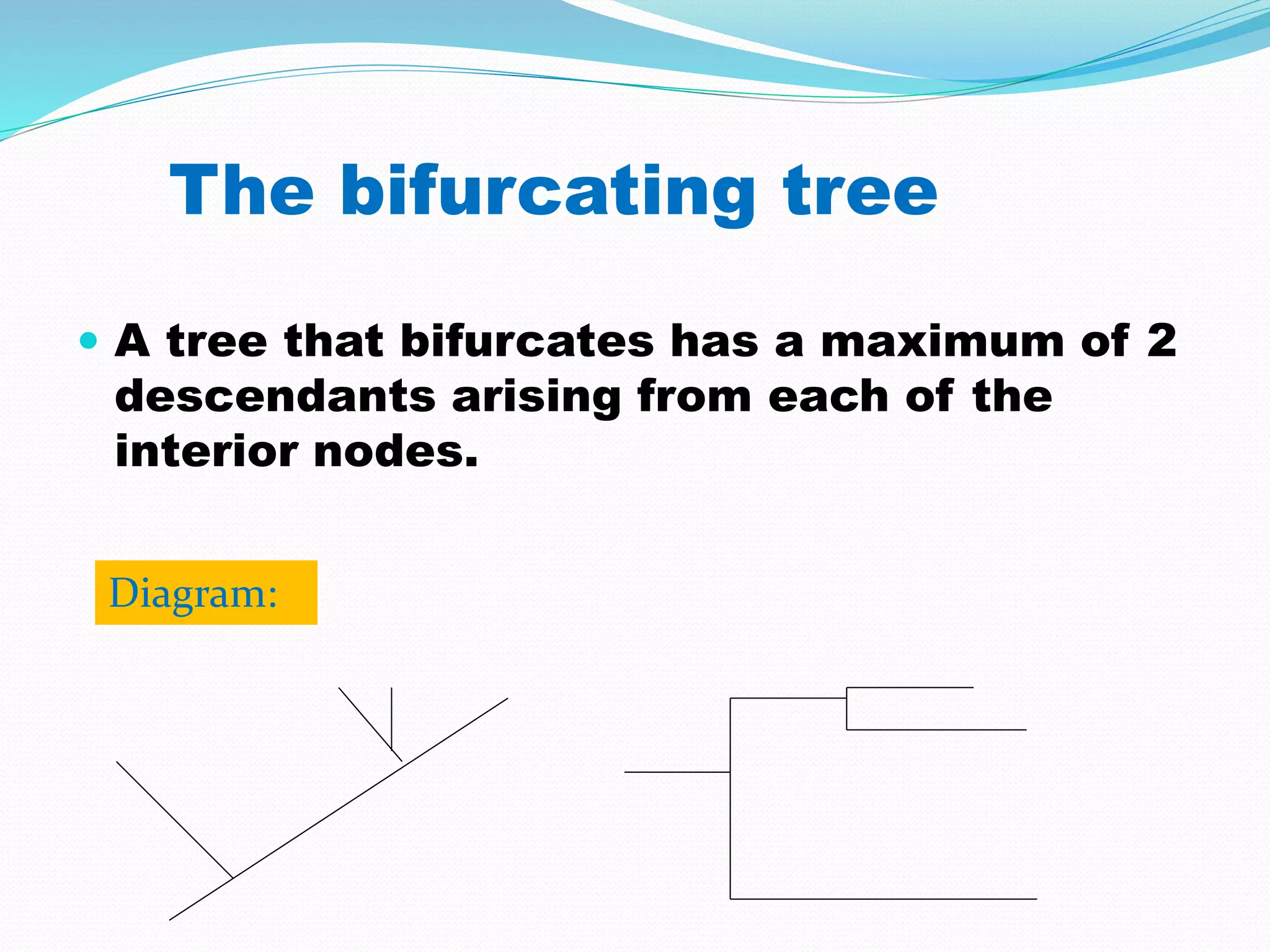 The bifurcating tree
 A tree that bifurcates has a maximum of 2
descendants arising from each of the
interior nodes.
Diagram:
 