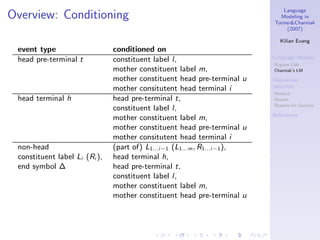 Language
Overview: Conditioning                                                        Modeling in
                                                                            Turner&Charniak
                                                                                 (2007)

                                                                               Kilian Evang
 event type                    conditioned on
                                                                            Language Models
 head pre-terminal t           constituent label l,
                                                                            N-gram LMs
                               mother constituent label m,                  Charniak’s LM

                               mother constituent head pre-terminal u       Determiner
                                                                            Selection
                               mother consitutent head terminal i
                                                                            Method
 head terminal h               head pre-terminal t,                         Results
                                                                            Reasons for Success
                               constituent label l,
                                                                            References
                               mother constituent label m,
                               mother constituent head pre-terminal u
                               mother consitutent head terminal i
 non-head                      (part of) L1...i −1 (L1...m , R1...i −1 ),
 constituent label Li (Ri ),   head terminal h,
 end symbol ∆                  head pre-terminal t,
                               constituent label l,
                               mother constituent label m,
                               mother constituent head pre-terminal u
 