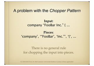 (C) 2010-2013 Prof. Dr. Ralf Lämmel, Universität Koblenz-Landau (where applicable)
A problem with the Chopper Pattern
Input:
company “FooBar Inc.” { ...
Pieces:
‘company’, ‘“FooBar’, ‘Inc.”’, ‘{‘, ...
There is no general rule
for chopping the input into pieces.
 