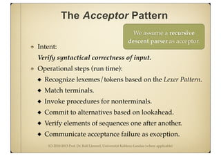 (C) 2010-2013 Prof. Dr. Ralf Lämmel, Universität Koblenz-Landau (where applicable)
The Acceptor Pattern
Intent:
Verify syntactical correctness of input.
Operational steps (run time):
Recognize lexemes/tokens based on the Lexer Pattern.
Match terminals.
Invoke procedures for nonterminals.
Commit to alternatives based on lookahead.
Verify elements of sequences one after another.
Communicate acceptance failure as exception.
We assume a recursive
descent parser as acceptor.
 