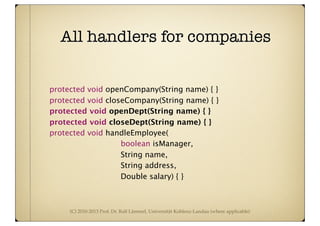 (C) 2010-2013 Prof. Dr. Ralf Lämmel, Universität Koblenz-Landau (where applicable)
All handlers for companies
protected void openCompany(String name) { }
protected void closeCompany(String name) { }
protected void openDept(String name) { }
protected void closeDept(String name) { }
protected void handleEmployee(
boolean isManager,
String name,
String address,
Double salary) { }
 