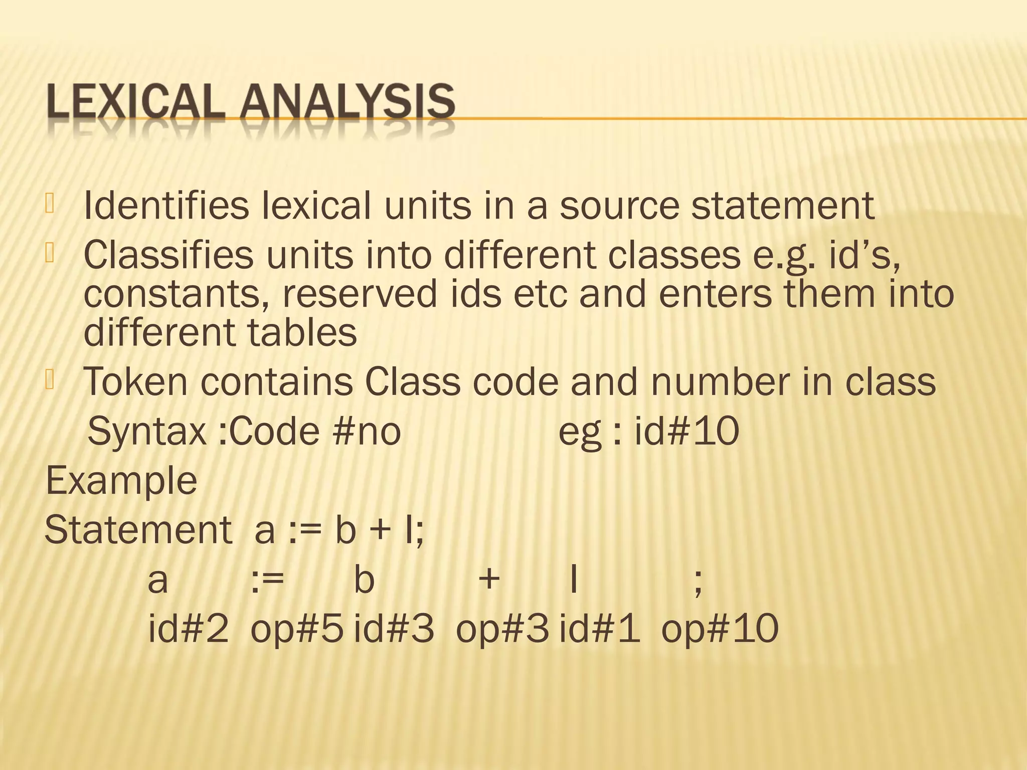  Identifies lexical units in a source statement
 Classifies units into different classes e.g. id’s,
constants, reserved ids etc and enters them into
different tables
 Token contains Class code and number in class
Syntax :Code #no eg : id#10
Example
Statement a := b + I;
a := b + I ;
id#2 op#5 id#3 op#3 id#1 op#10
 
